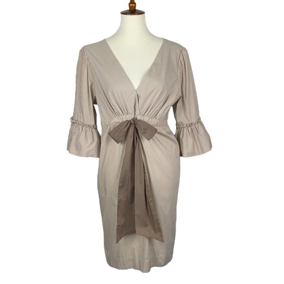 L BCBGMAXAZRIA Flounce Bell Sleeve Elastic Waist Pinstripe Boho V Neck Bow Dress - Picture 1 of 8